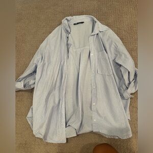 zara blue and white striped button down w pocket on front